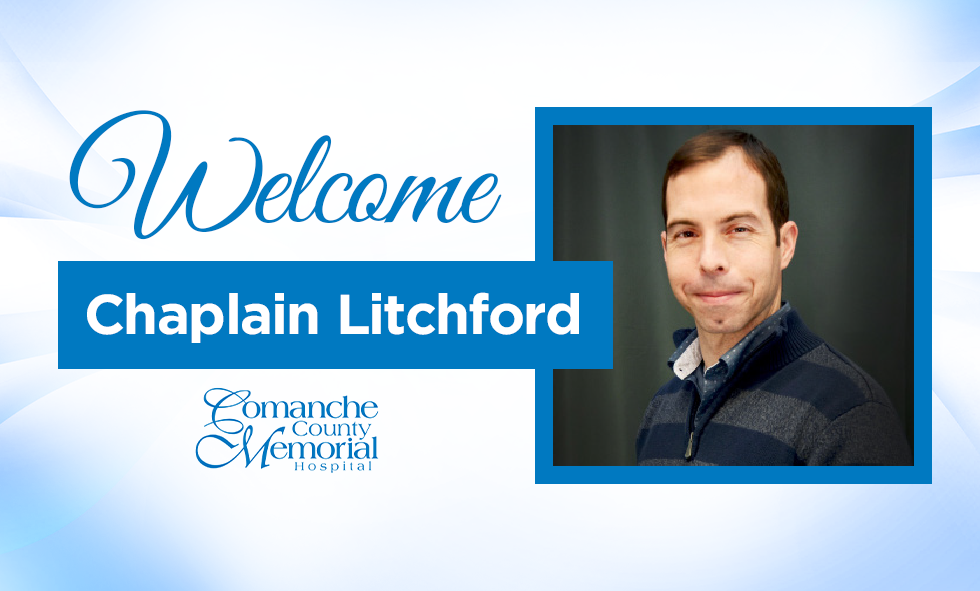 young man with brown hair and grey sweater with text "Welcome Chaplain Litchford"