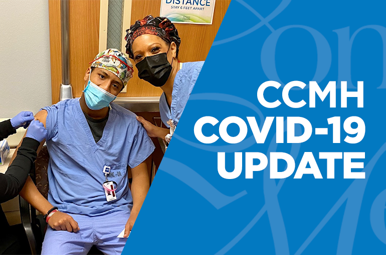 CCMH employee receiving COVID-19 vaccine and posing with another employee, blue diagonal background with "CCMH COVID-19 UPDATE" text in white