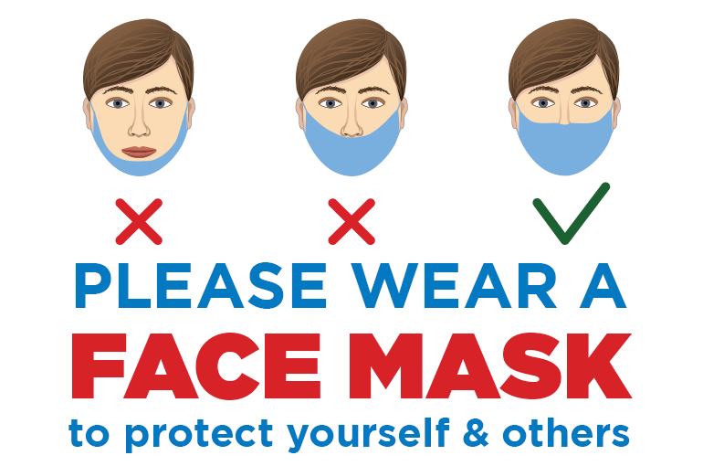 illustration demonstrating proper mask-wearing procedure with the text "please wear a face mask to protect yourself & others"