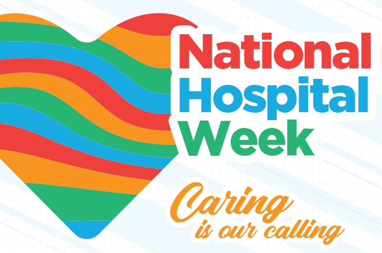 heart symbol with wavy red, orange, green and blue lines, with National Hospital Week text and Caring is our calling subhead