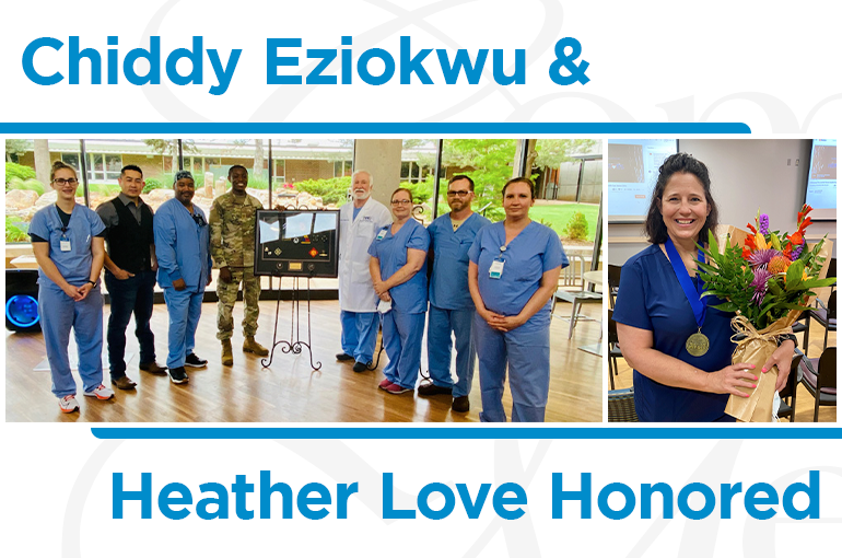 on left side of image: CCMH staff with Chiddy Eziokwu, a smiling black man in army uniform, on right side of image: Heather Love, a smiling white woman with shoulder length brown hair, holding a bouquet.