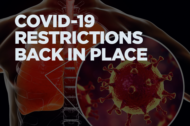 reads "COVID-19 Restrictions Back in Place" over dark background with 3d rendering of human lungs and a COVID-19 virus