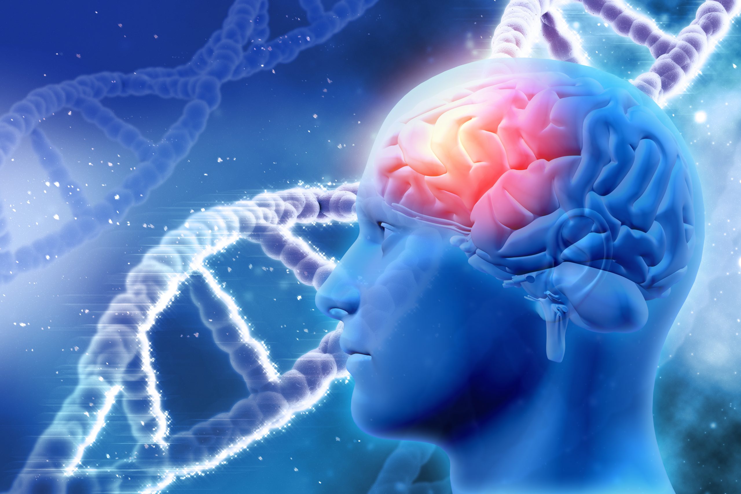 Blue graphic with a white DNA strand behind human head with red frontal lobe of brain indicating dementia