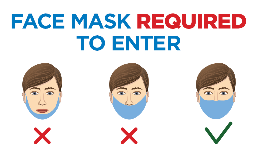 illustration showing person wearing mask incorrectly (not covering nose or mouth) and correctly (covering both nose and mouth) with the words "face masks required to enter"