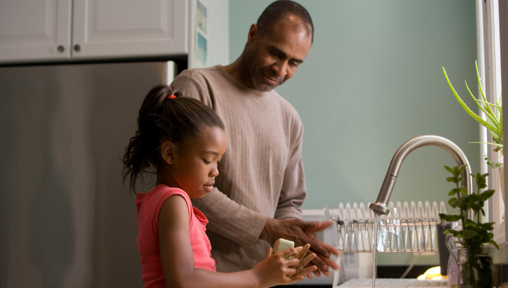 Father and daughter washing hands 