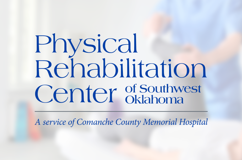 logo for Physical Rehabilitation Center of Southwest Oklahoma, A service of Comanche County Memorial Hospital, over a light blurred background of a physical therapist helping a woman with a knee exercise.