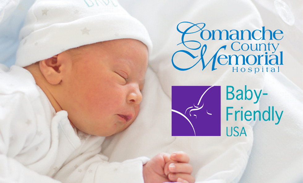newborn sleeping next to CCMH and Baby-Friendly USA logos
