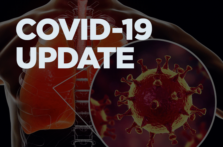 reads "COVID-19 UPDATE" over dark background with 3d rendering of human lungs and a COVID-19 virus