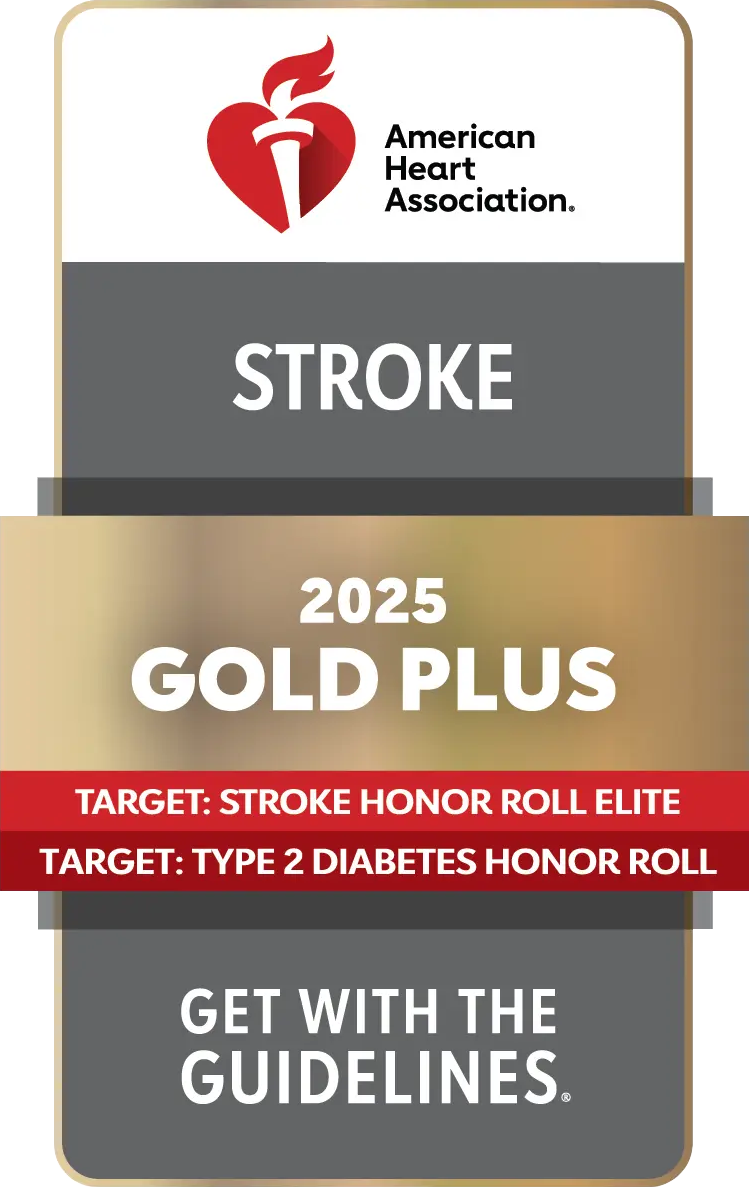 American Heart Association - Stroke, 2025 Gold Plus, Get With The Guidelines badge American Heart Association - Stroke, 2025 Gold Plus, Get With The Guidelines badge