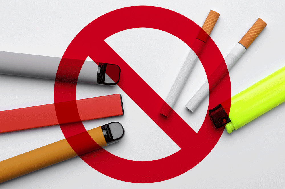 Lighter, electronic and regular cigarettes on white background, top view with red no symbol